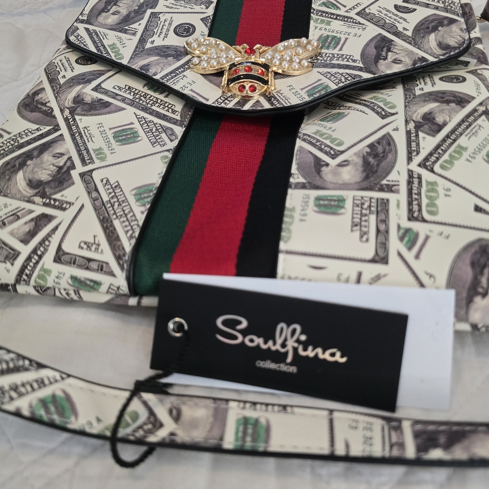 Queen Bee Dollar Bills Styled Crossbody‎ Messenger Bag Soulfina Collection - Picture 3 of 12